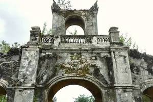 Cây cối và cỏ dại tấn công Đại Thành môn ở di tích Võ Miếu