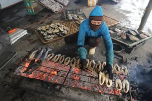 Người dân làm nghề nướng cá ở Cửa Lò 