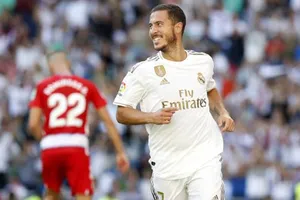 Eden Hazard và niềm vui ghi bàn duy nhất trong màu áo Real Madrid. Ảnh: Getty Images