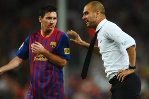 Lionel Messi và Pep Guardiola khi còn làm việc cùng tại Barca. 