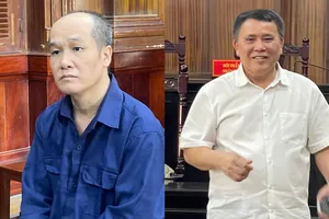 Bị cáo Ngô Xuân Trường (trái) và Lưu Quang Lãm tại phiên xét xử sơ thẩm năm 2025