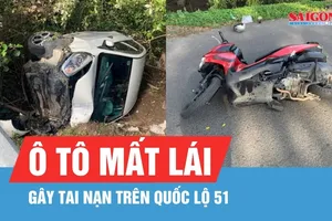Ô tô mất lái trên quốc lộ 51, húc văng trụ đèn rồi lao xuống bờ đường