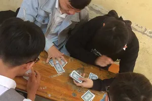 Ra tết, sau giờ học, học sinh một trường THPT ở TP Tân An, tỉnh Long An                                       ở lại lớp đánh bài giải khuây.                  Ảnh: LÊ DUY