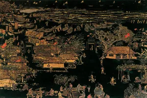 Tác phẩm tranh sơn khắc Thôn Vĩnh Mốc của Huỳnh Văn Thuận