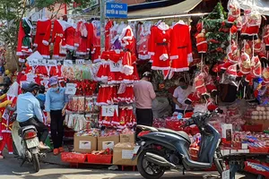 Vật phẩm trang trí Noel bày bán dọc đường  Hải Thượng Lãn Ông, quận 5, TPHCM. Ảnh: ĐOÀN HIỆP