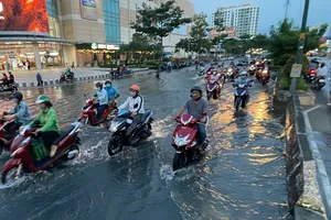 Triều cường gây ngập đường Nguyễn Thị Thập,  quận 7, chiều tối 6-11