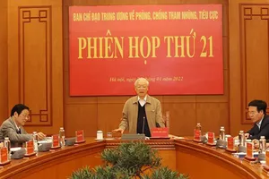 Tổng Bí thư Nguyễn Phú Trọng, Trưởng Ban Chỉ đạo Trung ương về phòng, chống tham nhũng, tiêu cực, chủ trì phiên họp thứ 21 của Ban Chỉ đạo. Ảnh: TTXVN