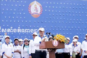 Ứng cử viên của đảng Nhân dân Campuchia (CPP) Hun Manet phát biểu trong cuộc vận động tranh cử ở Phnom Penh, ngày 21-7-2023
