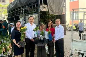 Bí thư Đảng ủy phường Vũng Tàu (thứ 2 từ trái qua) tặng hoa làm đẹp các khu phố của phường