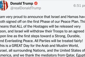 Tổng thống Donald Trump tuyên bố trên Truth Social vào tối ngày 8-9 rằng Israel và Hamas "đều đã ký kết Giai đoạn đầu tiên của Kế hoạch Hòa bình. Ảnh : Truth Social 