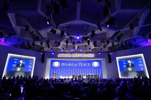 Tổng thống Mỹ Donald Trump phát biểu tại lễ ký chính thức thành lập Hội đồng Hòa bình Dải Gaza ở Davos, Thuỵ Sĩ ngày 22-1-2026. Ảnh: THX/TTXVN