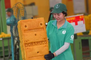 Công nhân đóng gói mủ cao su thiên nhiên xuất khẩu 