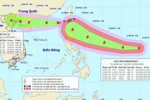 Siêu bão Mangkhut (phải) đang "đuổi theo" bão số 5 hướng vào Biển Đông. Ảnh: NCHMF