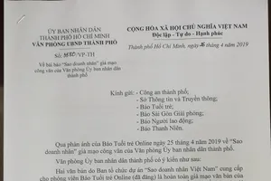 Công văn phản hồi về việc chương trình "Sao doanh nhân Việt Nam" giả mạo giấy tờ của Văn phòng UBND TP.HCM. Ảnh: Tuoitre