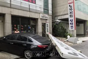 Biển hiệu bị rơi sau khi bão Lingling đổ bộ vào Goyang, Hàn Quốc ngày 7-9. Ảnh: Yonhap/TTXVN