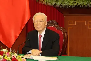 Tổng Bí thư Nguyễn Phú Trọng điện đàm với Tổng Bí thư, Chủ tịch nước Trung Quốc Tập Cận Bình vào sáng 24-9, tại Trụ sở Trung ương Đảng. Ảnh:  TTXVN