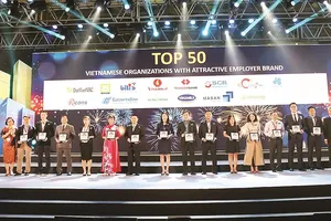 Ông Vũ Đức Hưng - GĐ Khối Quản trị nguồn Nhân lực  (đứng thứ 5 từ trái qua) đại diện SCB nhận giải tại chương trình