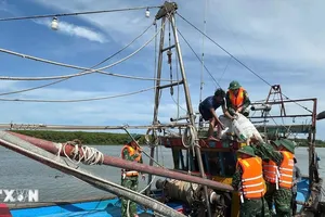 Bộ đội Biên phòng Nghệ An hỗ trợ ngư dân neo đậu tàu thuyền tại nơi tránh trú an toàn. Ảnh: TTXVN