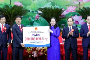 Phó Chủ tịch nước Võ Thị Ánh Xuân trao biểu trưng của Hội đồng Bảo trợ Quỹ Bảo trợ trẻ em Việt Nam tặng 200 triệu đồng đến tỉnh Hà Tĩnh 