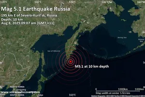 Trận động đất có độ lớn 5,1 gần thị trấn Severo-Kurilsk trên quần đảo phía Nam bán đảo Kamchatka (Nga). Ảnh : Volcano Discovery