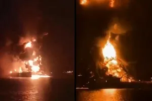 Hình ảnh 2 tàu chở dầu thô bị tấn công ở gần cảng Basra ở miền Nam Iraq. Ảnh: Times Now