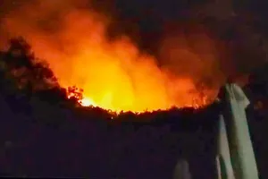 Đám cháy rừng lớn ở sườn núi Bãi Củi, đảo Hòn Tre. Ảnh: Đồn Biên phòng Bích Đầm