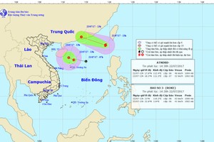 熱帶低氣壓與3號颱風移動方向預報（圖片來源：中央水文氣象預報中心）