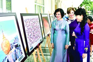 阮春福總理夫人陳月秋(右)參觀盛會的圖片展。