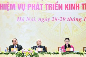 總書記、國家主席阮富仲，政府總理阮春福，國會主席阮氏金銀及各位政府副總理和各部委、地方領導出席會議。