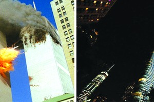 19年前兩架飛機撞入世貿大樓雙子塔（左）。如今每逢9月11日，紐約市都會亮起用光束類比雙子塔的“紀念之光”。