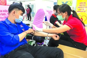 眾多共青團團員參加捐血。