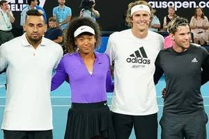 Kyrgios (trái) và Zverev, Thiem (thứ 3 và thứ 4 từ trái sang)