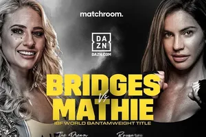 Hình ảnh quảng bá Ebanie Bridges vs Avril Mathie (trận "Mỹ nhân đại chiến") trên DAZN, đơn vị sẽ bán bản quyền truyền hình theo phương thức PPV