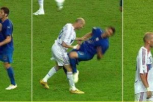 Zinedine Zidane húc đầu vào ngực Marco Materazzi và lãnh thẻ đỏ trong trận chung kết World Cup 2006. Ảnh: EFA