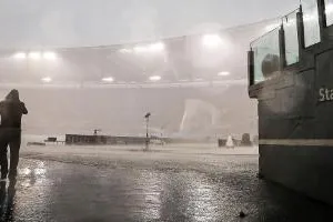 Sân Olimpico vẫn đang mưa và gió lớn. Ảnh: EPA