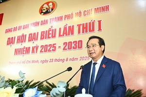 胡志明市人委会主席阮文得在大会上发表讲话。