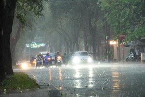 胡志明市中心西贡坊区域降大雨，缓解高温天气。
