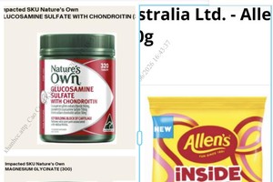 因存在安全隐患而被警告召回的Nature’s Own产品和Allen’s INSIDE OUTS糖果。图：VFA