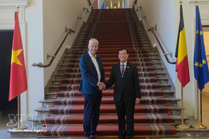 越南国会国防安全与对外委员会主任黎晋岱上将礼节性拜会了比利时参议院第一副议长安德里斯·格里弗罗伊。图自越通社
