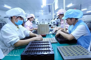女工在宝山有限公司（北江）的生产线上组装电子元件。图自越通社