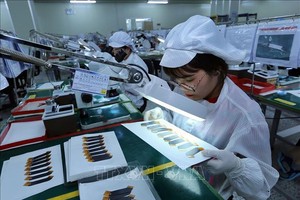 越南安丰工业区一家韩资企业的电子电路板检测线。图：名蓝/越通社。