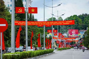 党旗、国旗以及横幅、标语在奠边府坊各街道营造了热烈喜庆的氛围。图自越通社