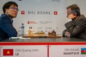 Lê Quang Liêm đã có chiến thắng tại ván áp chót trước đại kiện tướng người Azerbaijan và tự tin trước ván cuối cùng. Ảnh: BCF