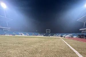 Mặt cỏ sân vận đông Quốc gia Mỹ Đình chưa có được chất lượng tốt nhất thời gian qua. Ảnh: Q.THẮNG