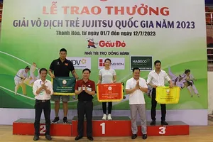 Ban tổ chức trao cờ thành tích cho các đơn vị dẫn đầu trong từng nhóm tuổi. Ảnh: BTC