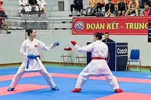 Hoàng Thị Mỹ Tâm (xanh) đã thi đấu tốt tại giải vô địch quốc gia 2023. Ảnh: MINH MINH