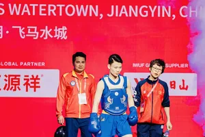 Tuyển thủ wushu Việt Nam vào chung kết tại giải Cúp tán thủ thế giới 2025 đang diễn ra ở Trung Quốc. Ảnh: IWF