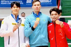 Xuân Thiện (áo đỏ) có HCĐ giải vô địch châu Á 2025. Ảnh: ASIAGYMNASTIC