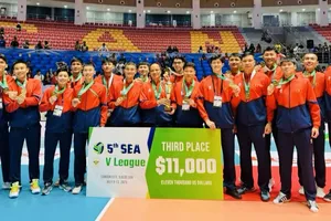Đội tuyển bóng chuyền nam Việt Nam có vị trí hạng 3 tại vòng 1 giải SEA V.League 2025. Ảnh: SEAVLEAGUE