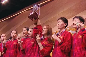 Đội cầu mây Việt Nam giành HCV nội dung đồng đội 4 người nữ giải thế giới. Ảnh: LÊ THANH